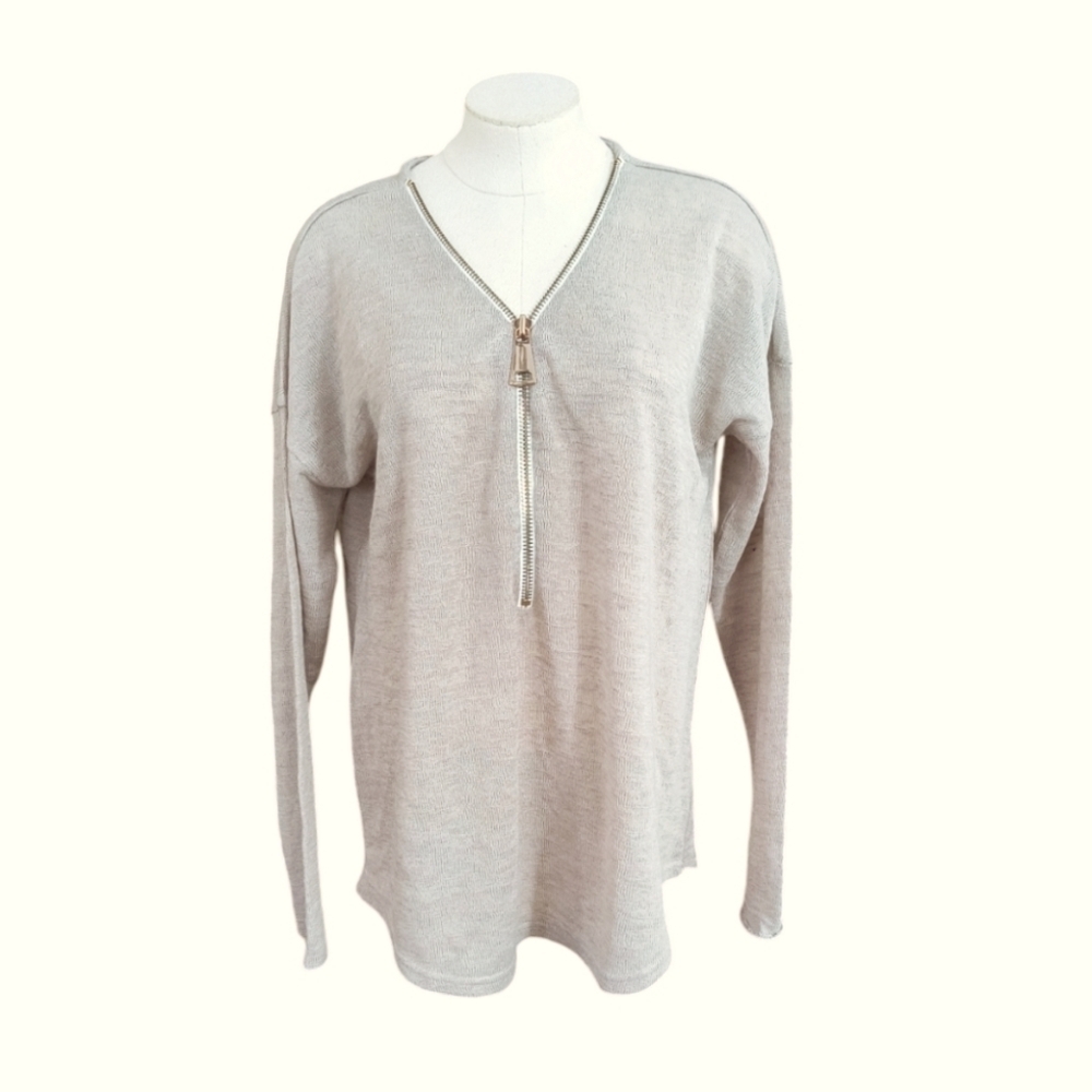 Soft Surroundings Valentina Half Zip Sweater in Stone With Gold Zipper Size L